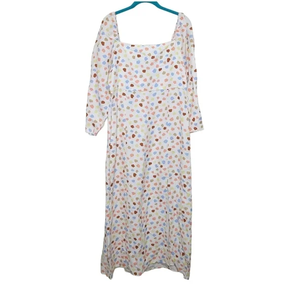 RIXO Hattie Midi Dress Size Large L 10 NWOT Linen Blend Polka Dot Puff Sleeve - Picture 2 of 14